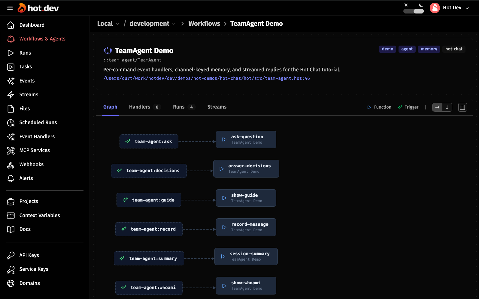 The Hot Dev Agent Graph view for the PersonalAgent demo showing each slash command as its own event handler node connected to the streaming reply outputs