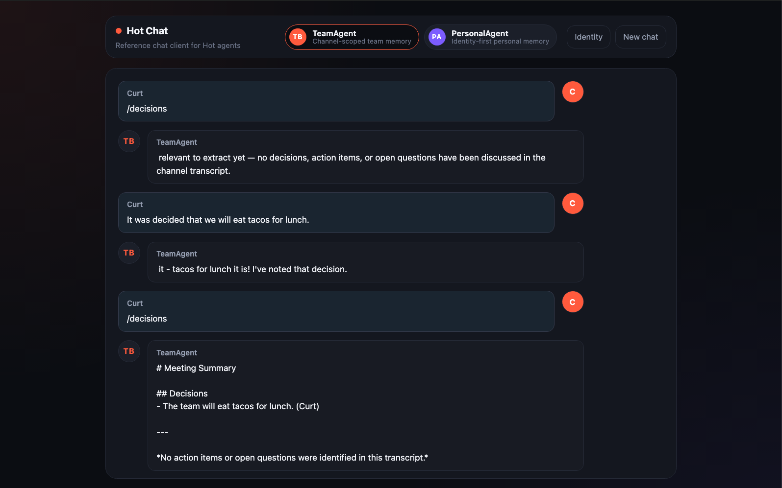 The Hot Chat web UI showing a streaming reply from the Team Mode agent with the Personal/Team mode toggle visible in the toolbar