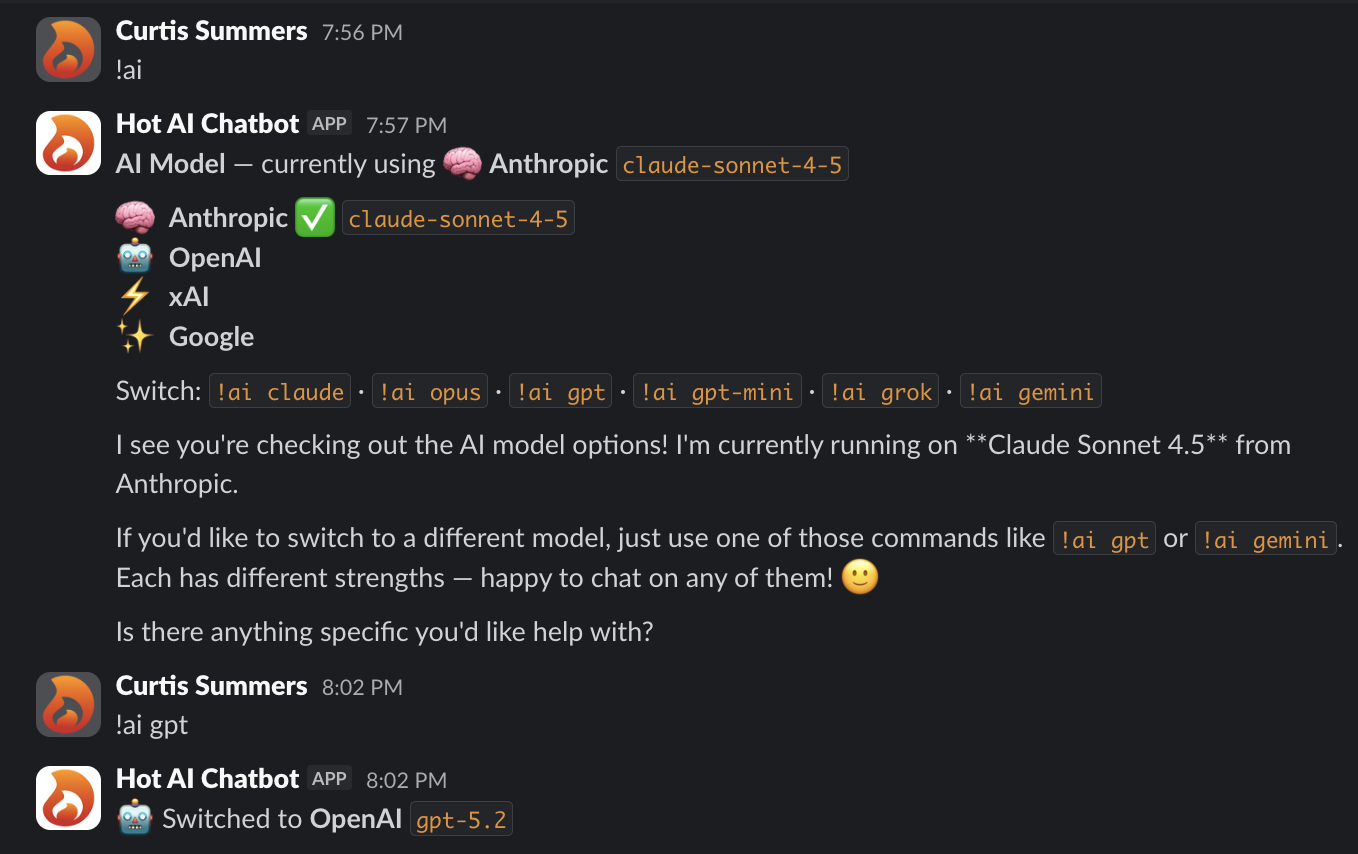 The !ai command showing available models and switching to GPT