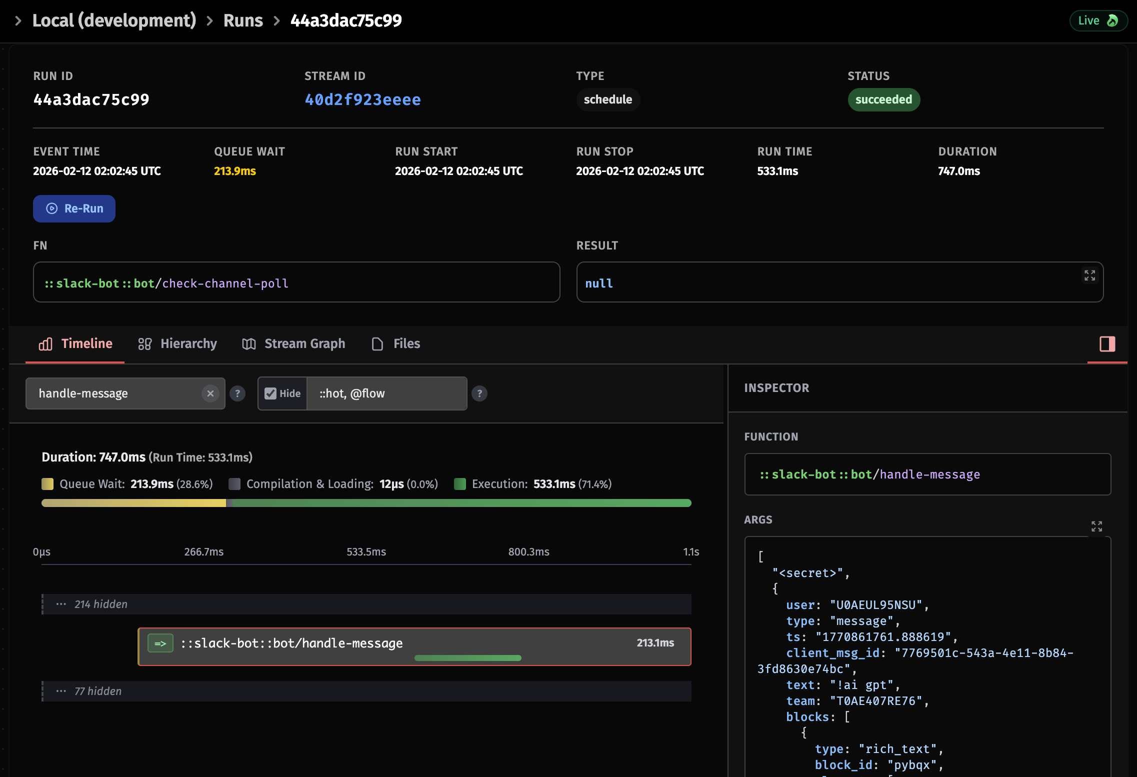Hot Dev function call trace showing handle-message