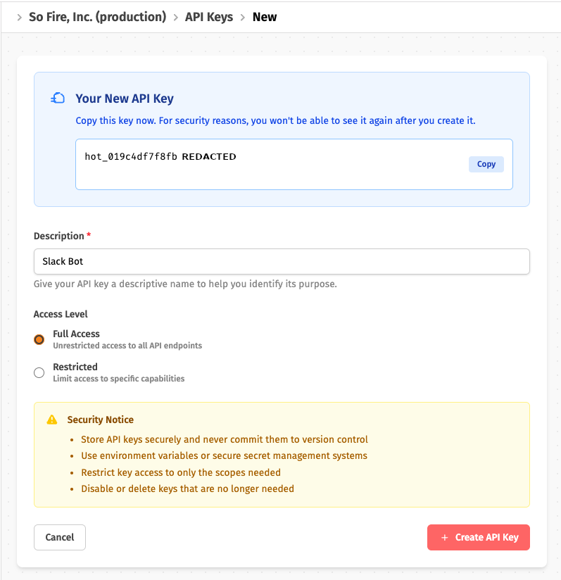 The API Keys page in the Hot Dev App