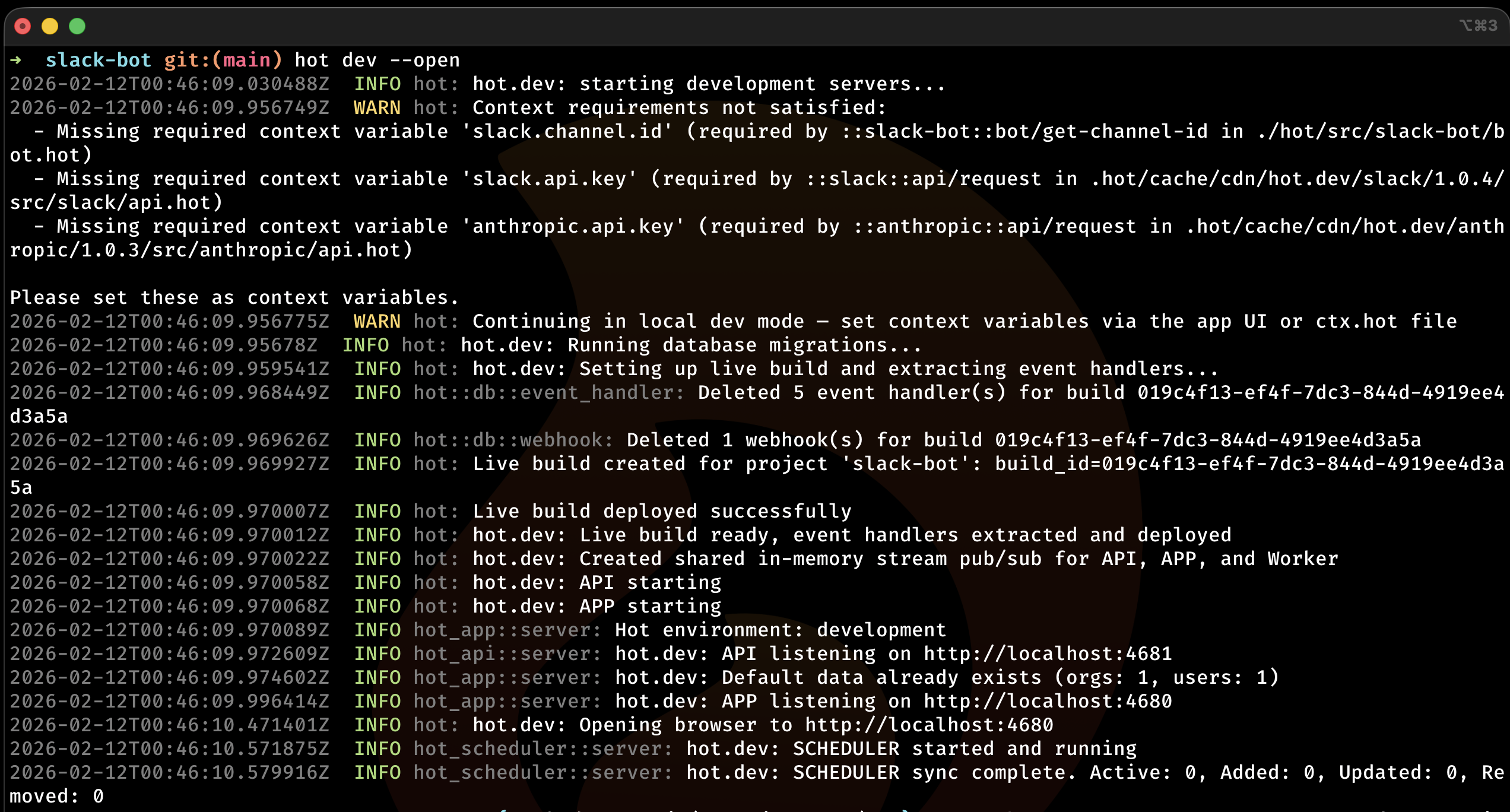 Terminal showing hot dev output