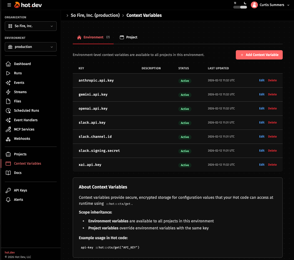 Context Variables in the Hot Dev App at app.hot.dev