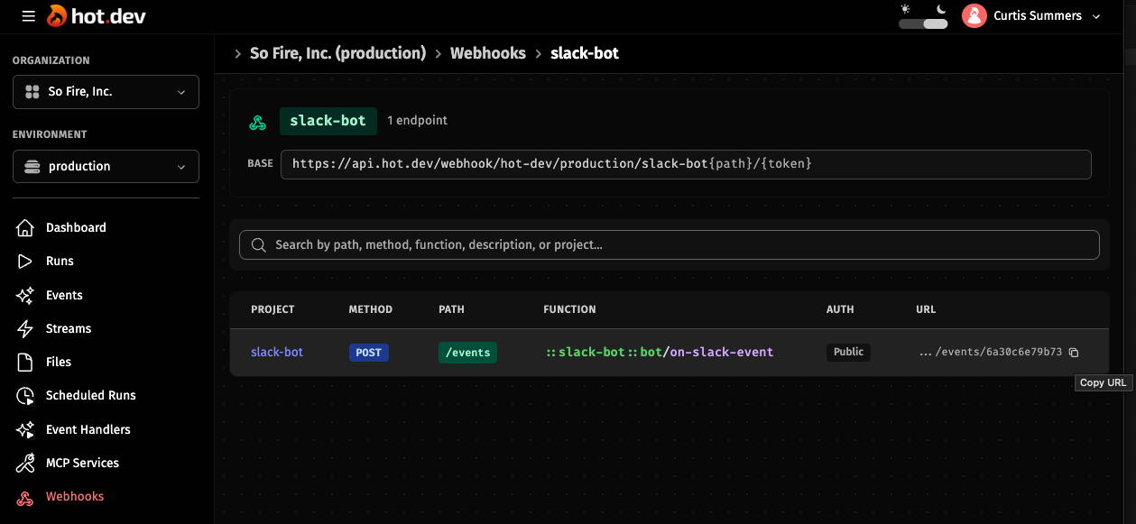 The Webhooks page in the Hot Dev App showing the webhook URL