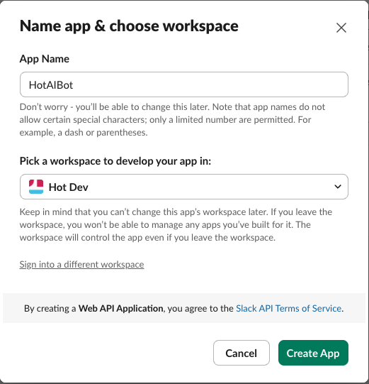 The Create New App dialog at api.slack.com