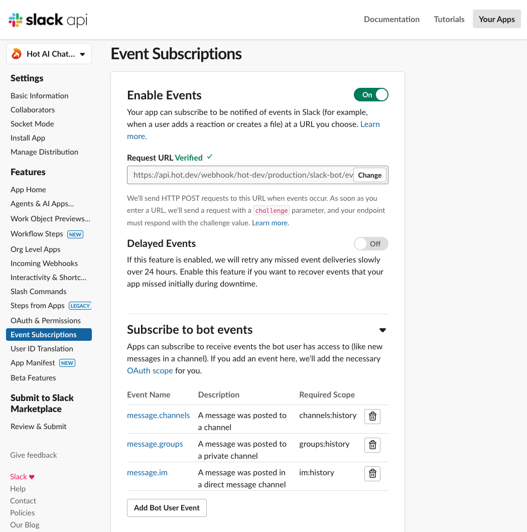 Slack Event Subscriptions page with webhook URL and bot events