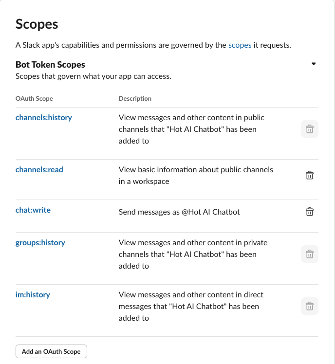 Bot Token Scopes in the Slack app settings