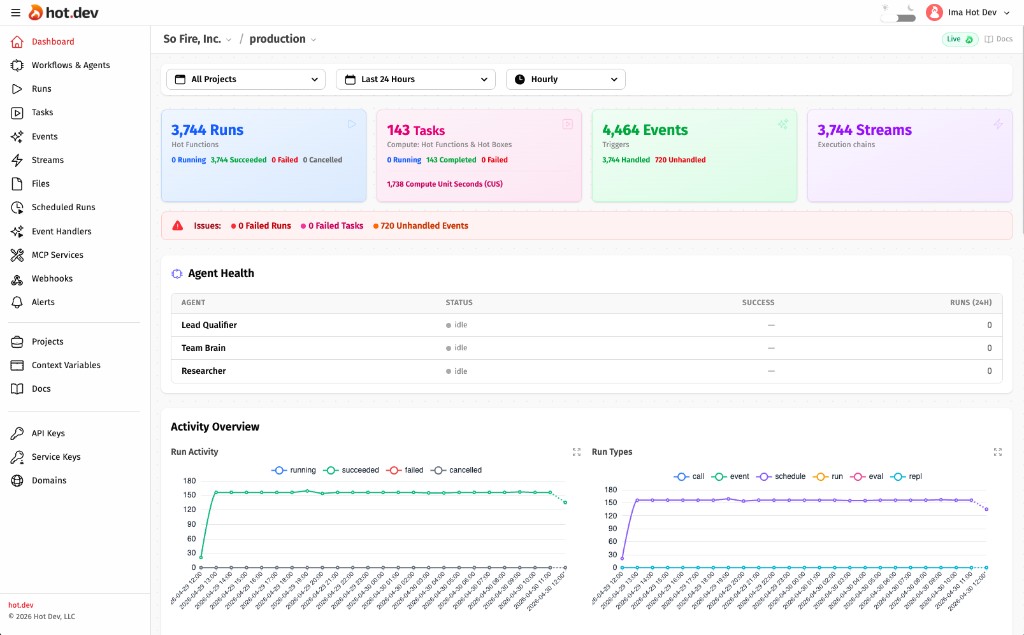 Hot Dev Cloud dashboard showing function-call traces, projects, and live event streams
